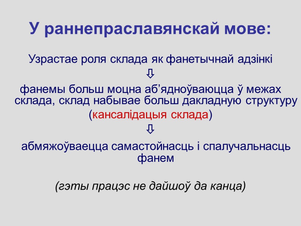 У раннепраславянскай мове: Узрастае роля склада як фанетычнай адзінкі  фанемы больш моцна аб’ядноўваюцца